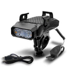 (Black) 4-in-1 4000mAh USB Bike Light Horn Phone Holder & Power Bank for Bicycle