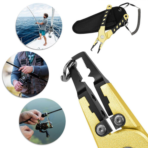 (silver) Multitool Alicates de pesca Sheath Coiled Lanyard Line Cutter Hook Remover oro 1