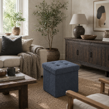 Fazi Sherpa Fleece Blue Foldable Storage Ottoman Diamond Tufted Lid