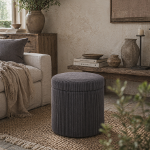 Yoluha Round Grey Corduroy Storage Footstool With Removable Lid