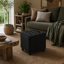 Liviel Velvet Black Square Ottoman With Soft Upholstered Finish