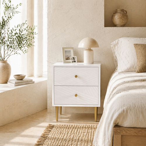 Dina White And Gold 2 Drawer Elegant Bedside Table