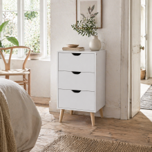 Rato White Bedside Table With 3 Drawers And Narural Wood Legs