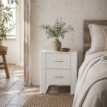 Tocoma White Wood 2 Drawer Bedside Table With Silver Metal Handles