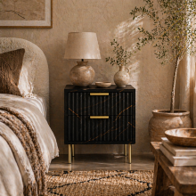 Selu Black and Gold Art Deco 2 Drawer Bedside Table Ribbed Design