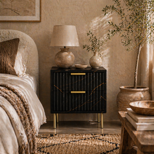 Selu Black and Gold Art Deco 2 Drawer Bedside Table Ribbed Design