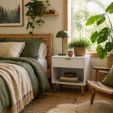 Sedora Vela White And Gold Tone Elegant Bedside Table With Ribbed Drawer And Shelf