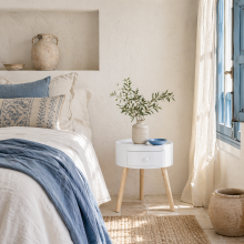 Taloso Wood White Round Bedside Table With Drawer And Natural Wooden Legs
