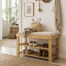 Fisuso 60cm Bamboo Cream White 3 Tier Shoe Bench With Cushioned Seat