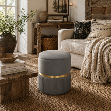 Vami Velvet Grey Storage Ottoman With Soft Upholstered Finish Gold Accent