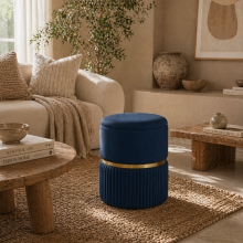 Pazima Velvet Blue Storage Ottoman With Soft Upholstered Finish Gold Accent