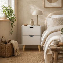 Dodomi Suke White Bedside Table With 2 Drawers And Natural Wood Legs