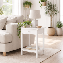 Neka Wooden White Bedside Table With Drawer And OFauxn Shelf