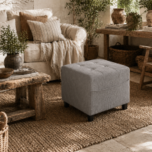 Linen Light Grey Compact Square Footstool With Side Pocket And Black Wooden Legs