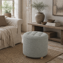 Valefi Teddy Fleece Light Grey Storage Ottoman Diamond Tufted Lid
