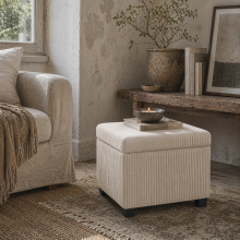 Rivima Square Beige Corduroy Storage Ottoman Bench With Removable Lid