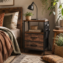 Yoroma Rustic Brown Bedside Table With Built In Charging Ports 2 Drawers