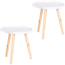 Coma Paba Wood White Set Of 2 Round Bedside Tables With Carved Tray Tops And Solid Legs