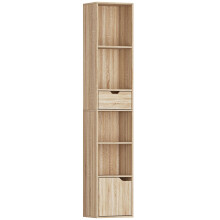 Lamotte Wooden Natural Finish Tall Narrow 6 Tier Bookcase With Drawer And Door