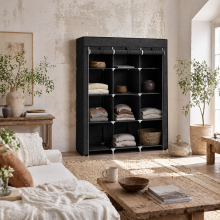 Belapalo Black Foldable Fabric Wardrobe With Shelves And Zip Cover