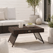 Fihaso 60cm Rattan Brown Folding Outdoor Bistro Side Table With Steel Frame