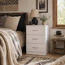 Yotose White Wood 3 Drawer Bedside Table with Silver Metal Handles