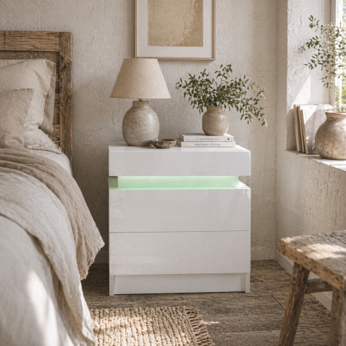Rema High Gloss White Bedside Table With LED Lighting And 2 Drawer Storage