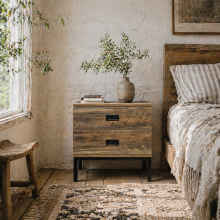 Virado Coffee Brown Retro Bedside Table With 2 Drawers And Black Metal Legs
