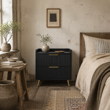 Vevele Black Elegant 2 Drawer Ribbed Bedside Table with Gold Accents
