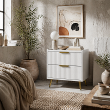 Yoha White and Gold Ribbed 2 Drawer Bedside Table