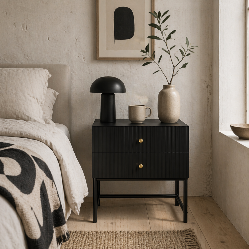 Nafico Black and Gold Elegant 2 Drawer Ribbed  Bedside Table