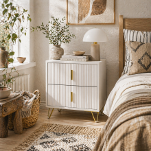 Bapano White And Gold 2 Drawer Ribbed Bedside Table Gold Accents