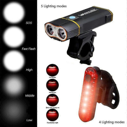 (With LD Taillight) Waterproof USB Rechargeable Front Bike Light 4 Modes Red Warning Taillight 2