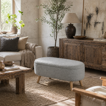 Mael Boucle Light Grey Storage Ottoman Teddy Fleece Natural Wooden Legs