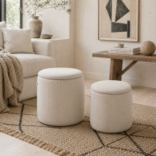 Vivalepa Set Of 2 Fabric Cream White Round Storage Ottomans With Removable Lids
