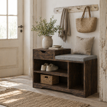 Nata Wooden Rustic Brown Multi Compartment Shoe Bench With Grey Cushioned Seat