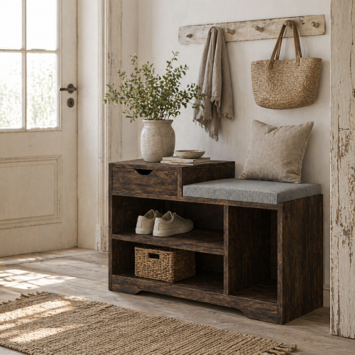 Nata Wooden Rustic Brown Multi Compartment Shoe Bench With Grey Cushioned Seat