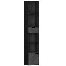 Nota Wooden Black Tall Narrow 6 Tier Bookcase With Drawer And Door