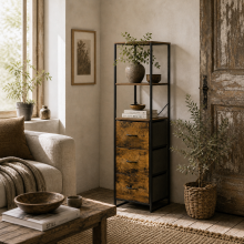 Rana Black Metal And Rustic Brown Unit With Shelves And Fabric Drawers
