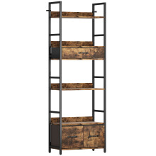 Cova Metal And Wood Brown And Black Industrial Bookcase With 4 Shelves And Fabric Drawers