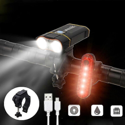 (With USB Taillight) Waterproof USB Rechargeable Front Bike Light 4 Modes Red Warning Taillight 1