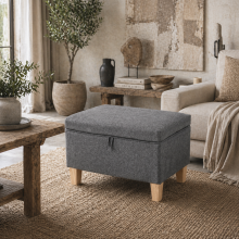 Doma Linen Grey Compact Storage Footstool With Storage Natural Wooden Legs