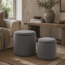 Seleco Set Of 2 Corduroy Grey Round Storage Ottomans