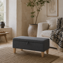 Cose Linen Dark Grey Storage Ottoman With Padded Seat Natural Wooden Legs
