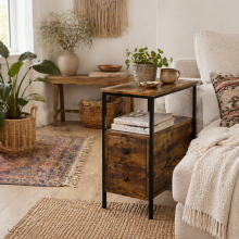 Vino Rustic Brown Narrow Bedside Table With 2 Drawers And Open Top Shelf