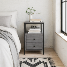 Loto Wooden Grey Wood Effect Narrow Bedside Table With 2 Drawers And Top Shelf