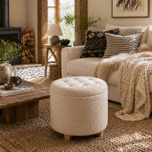 Fimi Boucle Cream White Storage Ottoman Diamond Tufted Lid Teddy Fleece
