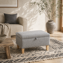 Solo Linen Light Grey Storage Footstool With Storage Natural Wooden Legs