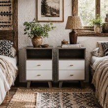 Cosana Grey and White Scandinavian Bedside Table With Drawers And Open Shelf