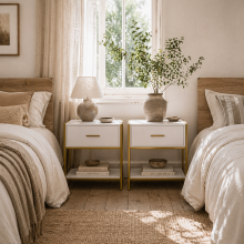 Niva White And Gold Set Of 2 Modern Bedside Tables With Drawer And Shelf